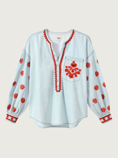 Robi Mid Blue Embroidered Denim Blouse