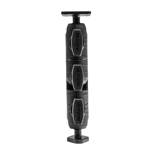 The Robust Ratchet Extension Arm with Metal AMPS and Diamond Mount Plates is a black cylindrical holder with three AIKON-labeled segments, flat square ends, and an adjustable swivel arm for securely gripping and positioning a fishing rod.