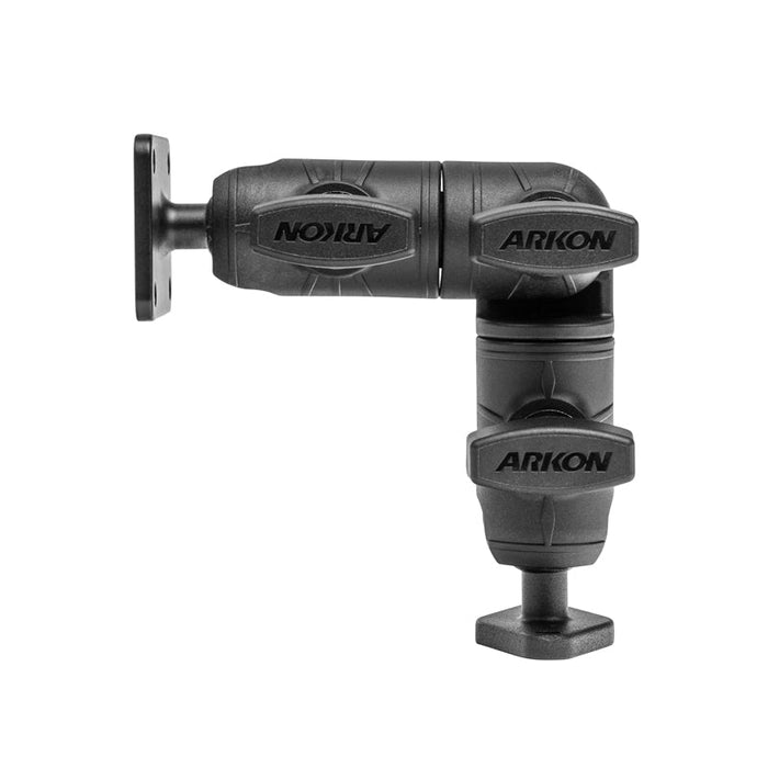The Robust Ratchet Extension Arm with Metal AMPS and Diamond Mount Plates is a black, adjustable swivel arm with three joints for mounting devices to flat surfaces. Each section features the ARKON brand name and is AMPS-compatible.