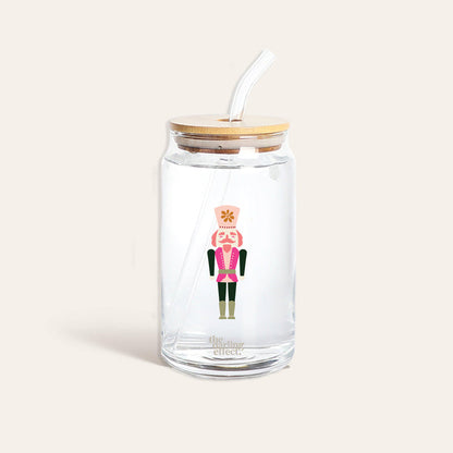 Round Libbey glass cup from The Darling Effect, featuring a bamboo lid, clear straw, and a festive Holiday Check design on the front. “The Darling Effect” is printed near the bottom of this stylish Round Glass Cup.