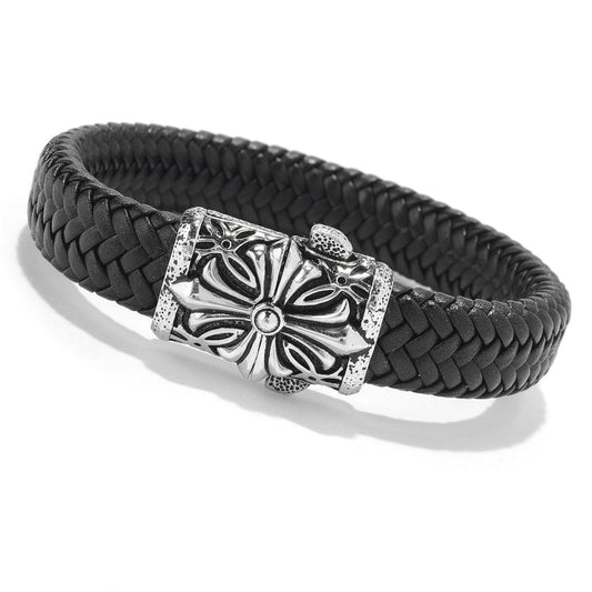Samuel B Sterling Silver Cross on Woven Black Leather Bracelet