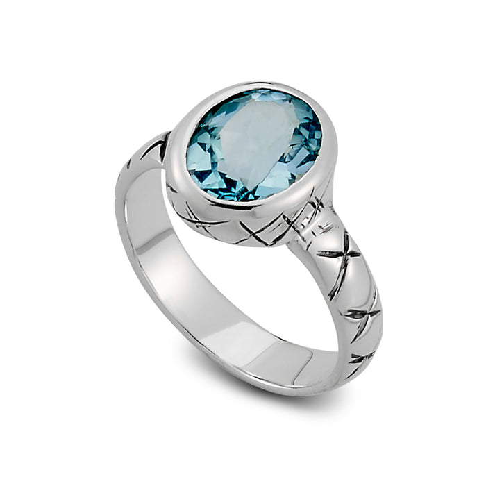 Samuel B. Sterling Silver Salah Ring with Oval Shape Blue Topaz, Size 7. Our Sterling Silver oval shape blue topaz ring, handcrafted in Bali by our skilled artisans. From our signature collection, Royal Bali™ featuring designs handcrafted using sterling silver and genuine gemstones. Blue Topaz, symbolizes love and affection. It is believed to give the wearer increased strength and intellect.