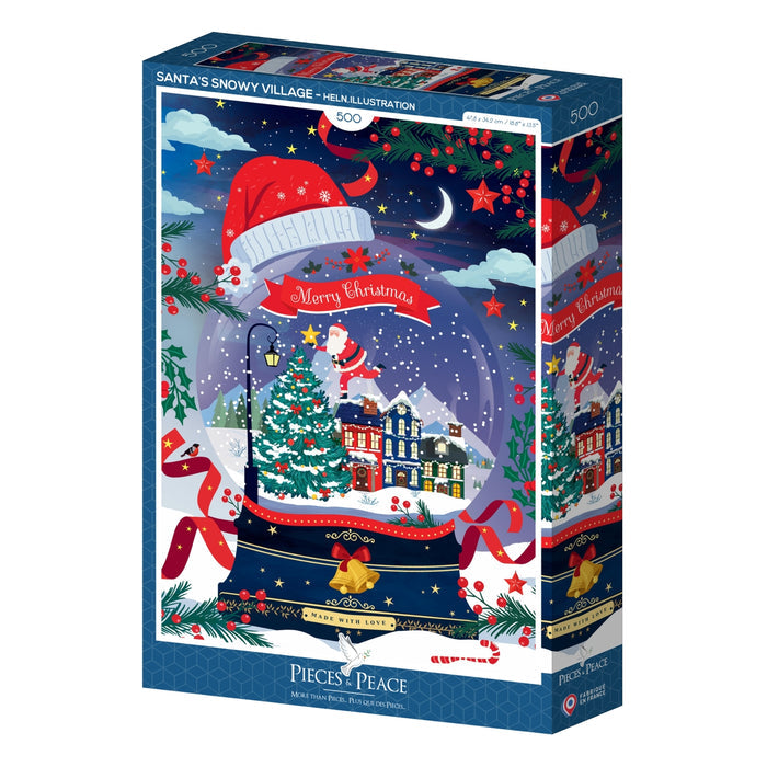 Enjoy Santa's Snowy Village, a 500-piece jigsaw puzzle by Pieces & Peace. This festive Heln Illustration features a snow globe with a winter village, Christmas tree, houses, and Santa hat. Proudly made in France.