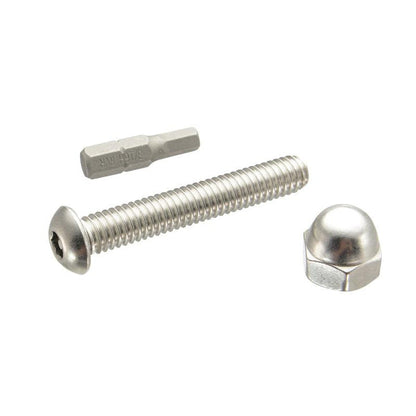 The Security Hardware for 38mm Ball Compatible Robust Shaft Arms includes a stainless steel hex socket screw, matching dome nut, and hex bit tool—shown on a white background.