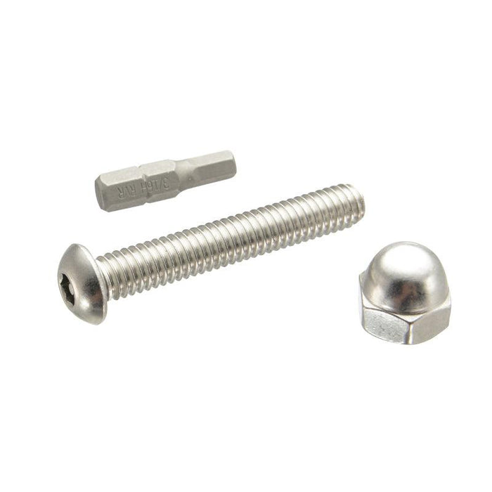 The Security Hardware for 38mm Ball Compatible Robust Shaft Arms includes a metal hex bit, threaded screw with hex socket head, and a dome cap nut—arranged on a white background, perfect for secure hardware assembly.