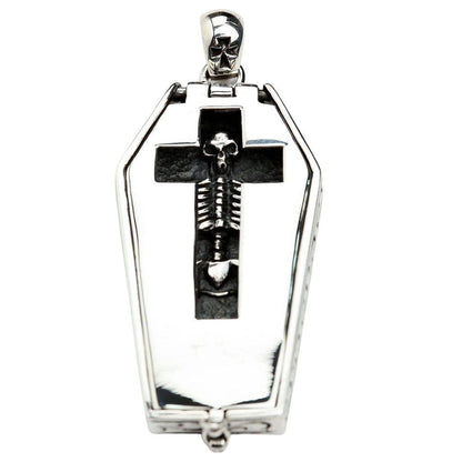 Sterling silver skeleton coffin pendant front view showing cross-cut lid with skeleton visible inside