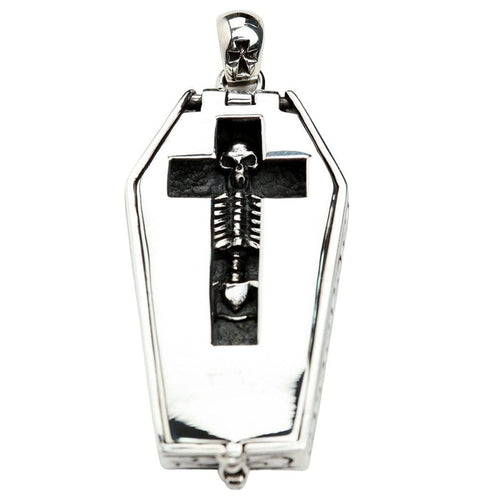 Sterling silver skeleton coffin pendant front view showing cross-cut lid with skeleton visible inside