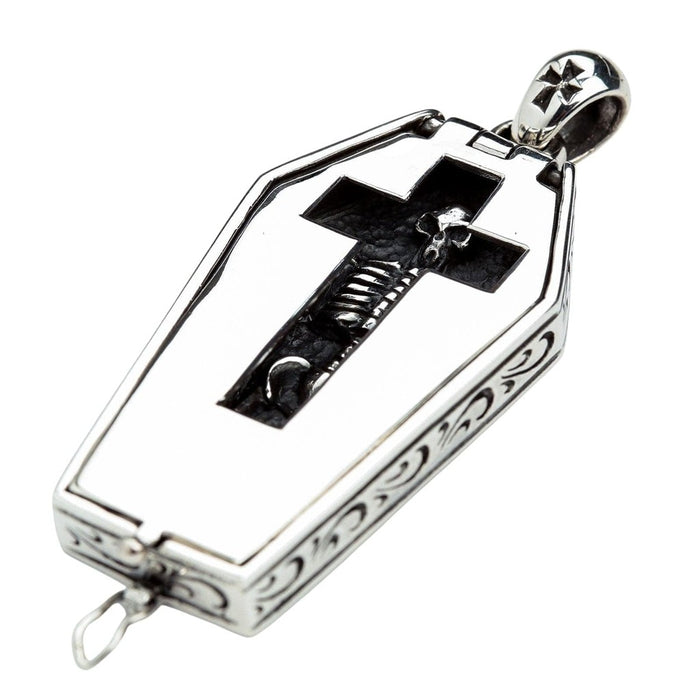 Coffin locket pendant angled view displaying ornate engraved scroll pattern on sides