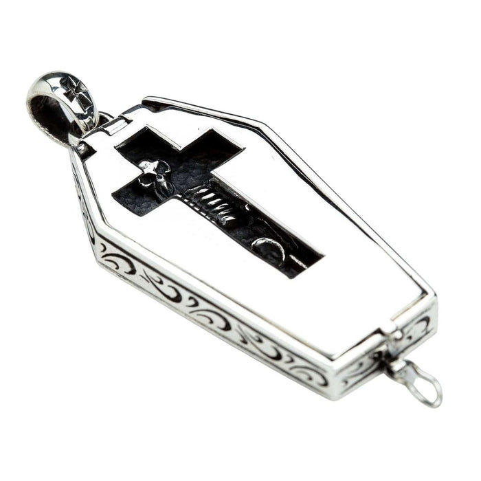 Sterling silver coffin pendant side profile showing hinged mechanism and decorative edges