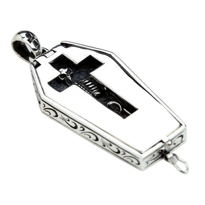 Sterling silver coffin pendant side profile showing hinged mechanism and decorative edges