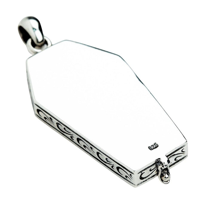 Coffin pendant back view showing smooth polished surface and 925 sterling silver hallmark