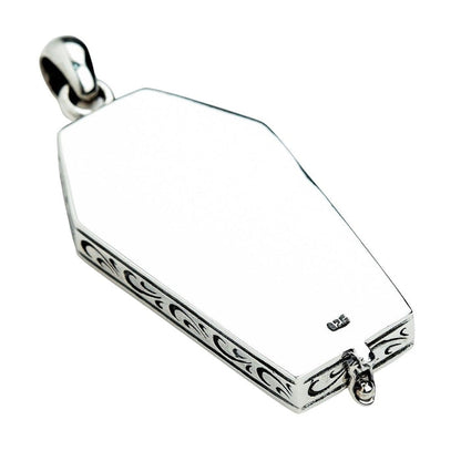 Coffin pendant back view showing smooth polished surface and 925 sterling silver hallmark