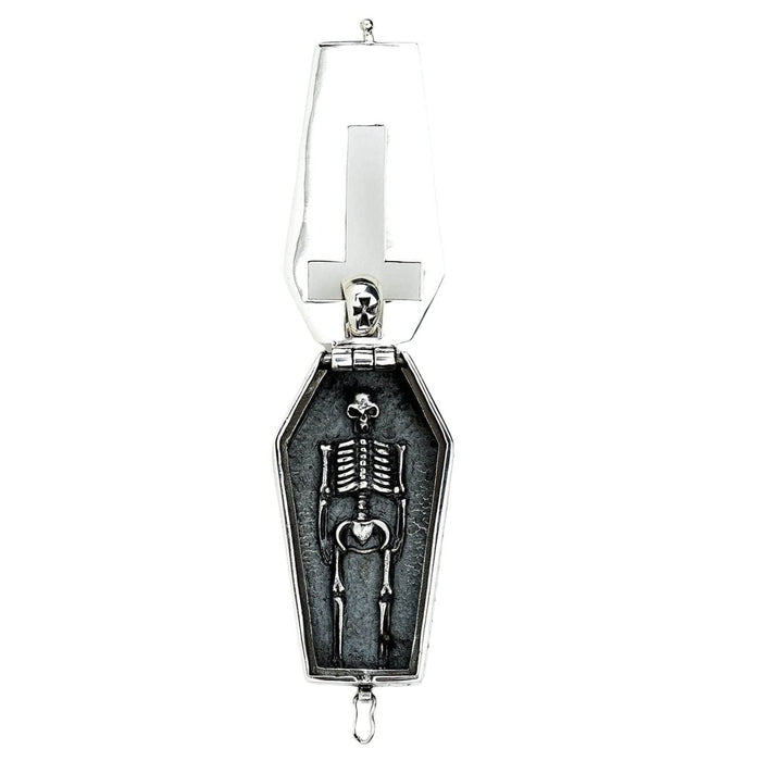 Skeleton coffin locket fully opened revealing detailed full skeleton figure inside oxidized interior
