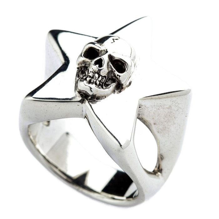 Skull star ring in 925 sterling silver front view showing detailed skull design