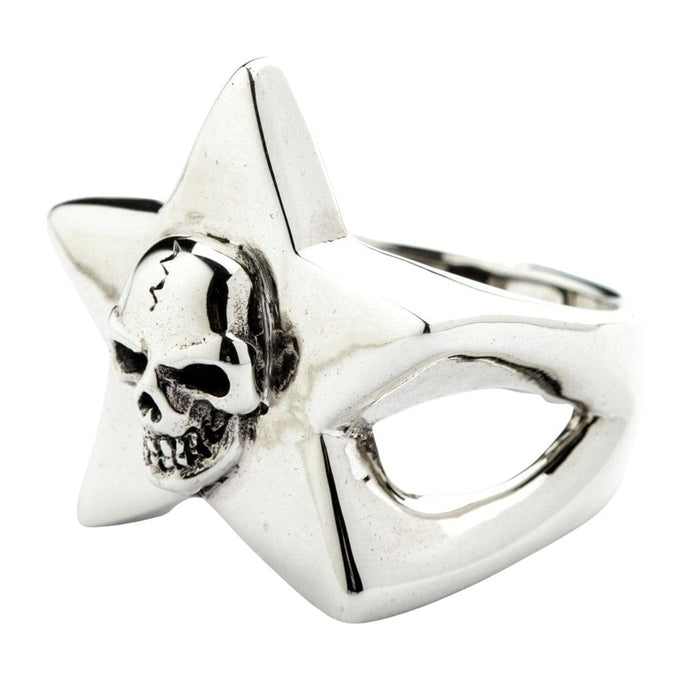Sterling silver skull ring side profile showing star silhouette and open band