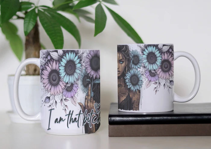 Soft Petals, Savage Soul white ceramic coffee mug featuring lavender and turquoise flowers, an illustrated woman and I Am That Bitch lettering.