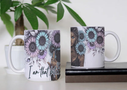Soft Petals, Savage Soul white ceramic coffee mug featuring lavender and turquoise flowers, an illustrated woman and I Am That Bitch lettering.