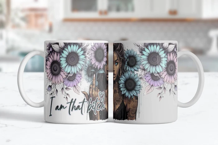 Wraparound view of Soft Petals, Savage Soul floral coffee mug with lavender and turquoise flowers and bold feminine artwork.
