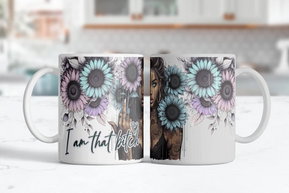 Wraparound view of Soft Petals, Savage Soul floral coffee mug with lavender and turquoise flowers and bold feminine artwork.