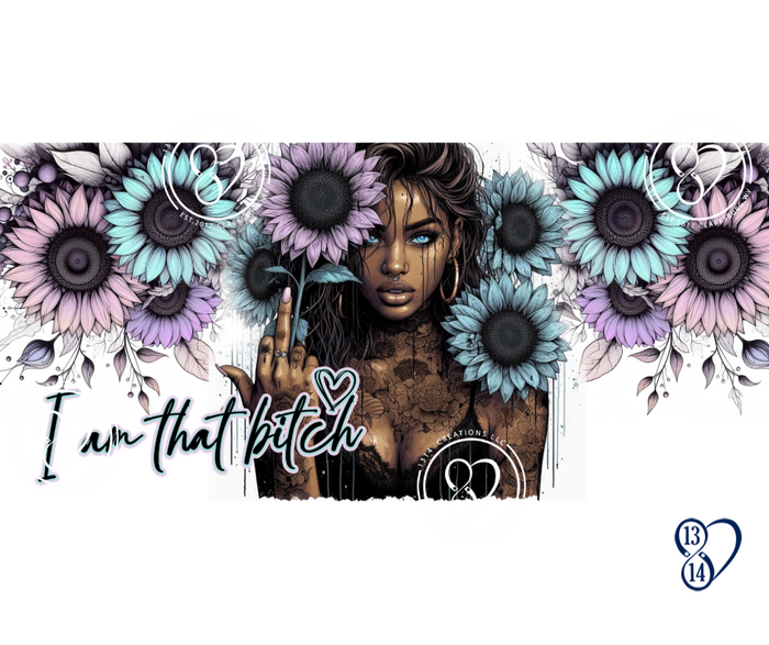 Close-up of Soft Petals, Savage Soul mug featuring oversized pastel flowers, edgy woman artwork and I Am That Bitch statement.
