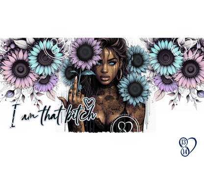 Close-up of Soft Petals, Savage Soul mug featuring oversized pastel flowers, edgy woman artwork and I Am That Bitch statement.