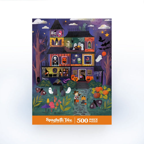 Illustration of kids trick-or-treating at a haunted house with pumpkins, ghosts, and bats; perfect for Halloween puzzle fans. Spooky Manor | 500 Piece Jigsaw Puzzle by Spaghetti Tree.
