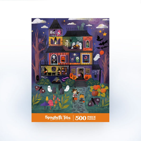 Illustration of kids trick-or-treating at a haunted house with pumpkins, ghosts, and bats; perfect for Halloween puzzle fans. Spooky Manor | 500 Piece Jigsaw Puzzle by Spaghetti Tree.
