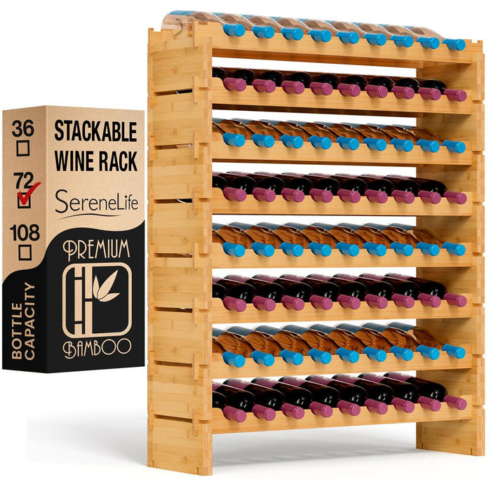 Stackable Wine Rack 72-Bottle Capacity Bamboo Modular Display Shelf
