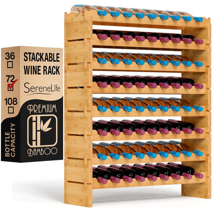 Stackable Wine Rack 72-Bottle Capacity Bamboo Modular Display Shelf