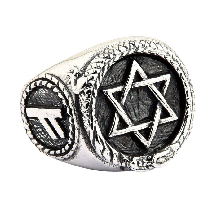 A front view of the ring, showing the Star of David centerpiece surrounded by an Ouroboros dragon.