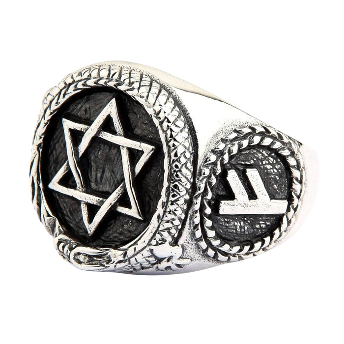 A side profile of the alchemist ring, showing the engraved Norse rune on the band.