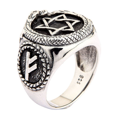 The other side of the heavy silver biker ring, showing the detailed carving of the dragon's head.