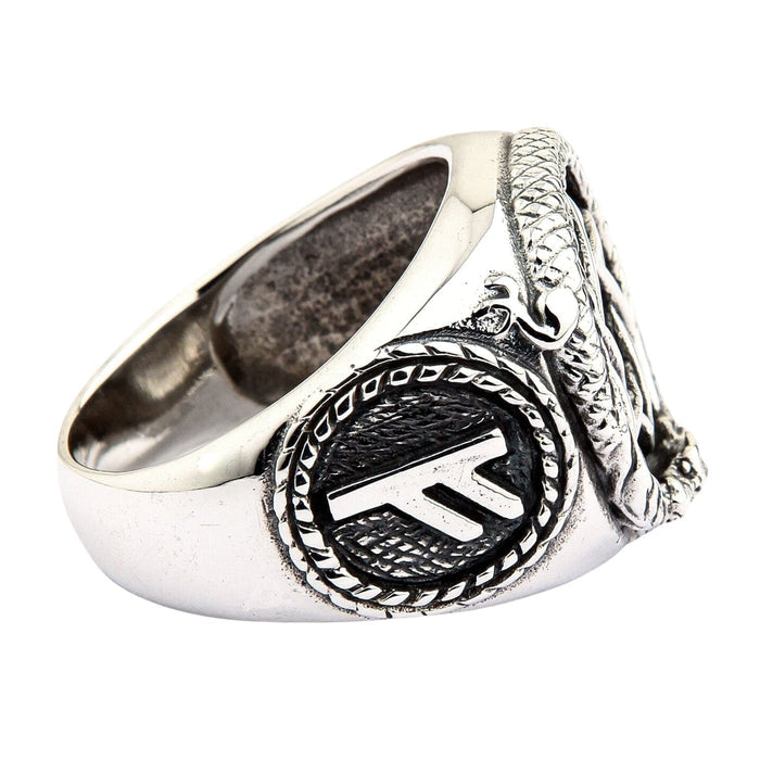 A side view of the men's Seal of Solomon ring with an Ouroboros border.
