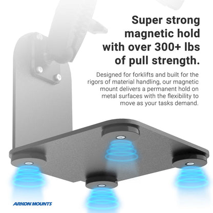 The SteadyMag™ Magnetic Mount System with Large Barcode Scanner Holder, featuring three blue-accented magnets, is attached to a metal surface. Its super-strong 300+ lb pull strength makes it ideal for heavy-duty warehouse forklift use.
