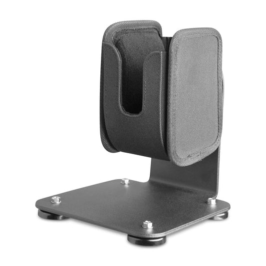 The SteadyMag™ Magnetic Mount System features a black metal and fabric desktop stand with a flat base and upright, padded holder, designed to securely support barcode scanners or small electronic devices.