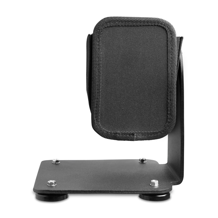 The SteadyMag™ Magnetic Mount System with Universal Barcode Scanner Holder is a black metal and fabric stand with a rectangular padded holder and flat base, featuring rubber feet, shown on a white background.