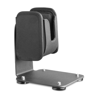 The SteadyMag™ Magnetic Mount System features a black, L-shaped metal headphone stand with padded rests, a flat base secured by four bolts, and a universal barcode scanner holder for organized and versatile storage.