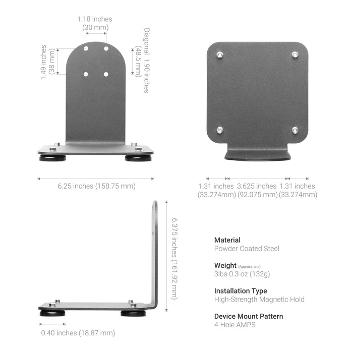Three views of the SteadyMag™ Magnetic Mount System with Universal Barcode Scanner Holder in gray powder-coated steel, featuring four screw holes and magnetic feet. Shown with dimensions—ideal as a forklift accessory or scanner holder.
