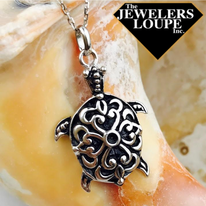 Sterling Silver Antique Finish Sea Turtle Pendant with 18" Sterling Silver Chain.