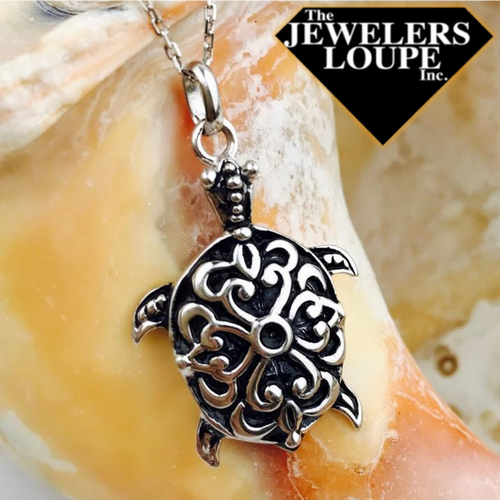 Sterling Silver Antique Finish Sea Turtle Pendant with 18" Sterling Silver Chain.