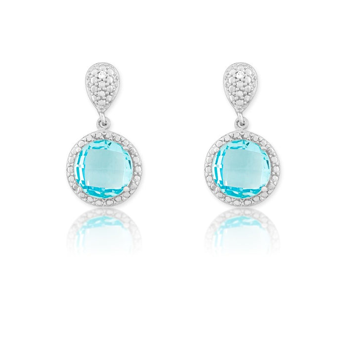 Sterling Silver Diamond and Round 9mm Blue Topaz Earrings.