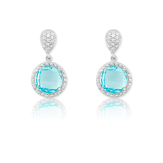 Sterling Silver Diamond and Round 9mm Blue Topaz Earrings.
