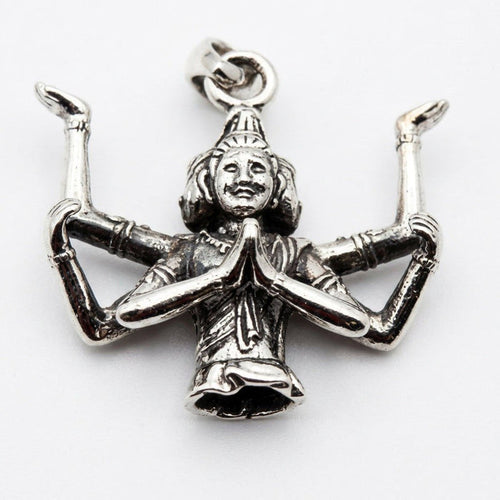 Front view of the solid .925 silver Brahma pendant displaying multiple carved faces and four arms clasped in prayer.