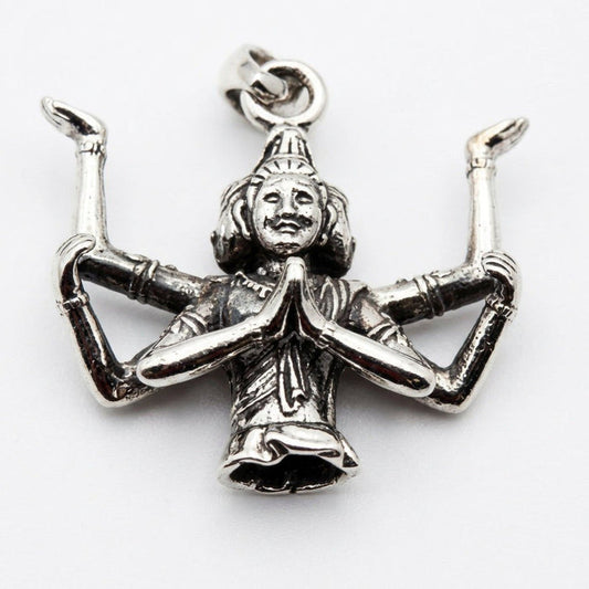 Front view of the solid .925 silver Brahma pendant displaying multiple carved faces and four arms clasped in prayer.
