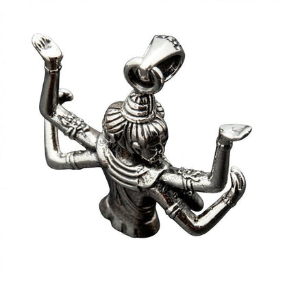 High rear angle showcasing the sturdy top bail, carved headdress, and backward-reaching arms of the silver pendant.