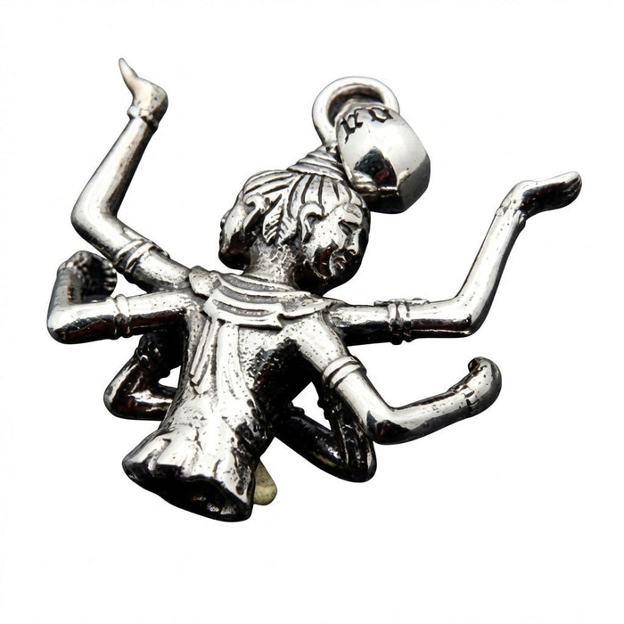 Overhead perspective focusing on the oxidized silver clothing folds, carved hair, and side profile of the pendant.