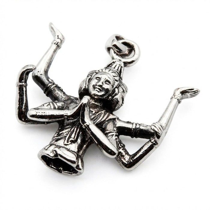 Tilted flat lay revealing the hollow base and clasped prayer hands of the solid .925 silver Hindu creator god piece.