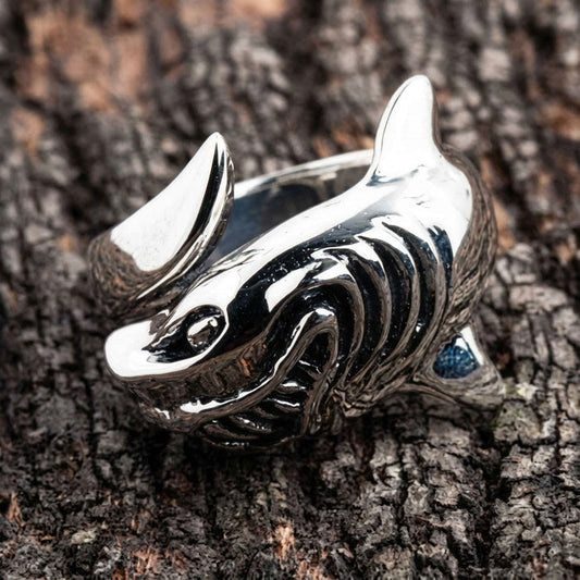 A front view of the sterling silver shark wrap ring, showing the detailed head and tail fin.