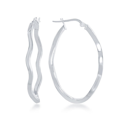 Sterling Silver Wavy Oval Hoop Earrings (97561)