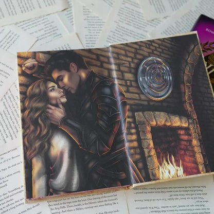 We Who Will Die LitJoy Edition open to interior romantic illustration — armored male figure cupping a woman's face by a glowing fireplace, enemies-to-lovers scene, from LitJoy Winter Romantasy TBR Box